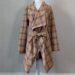 36 Point 5 Plaid Mustard Tan Lightweight Coat Size Medium Asymmetrical Hem